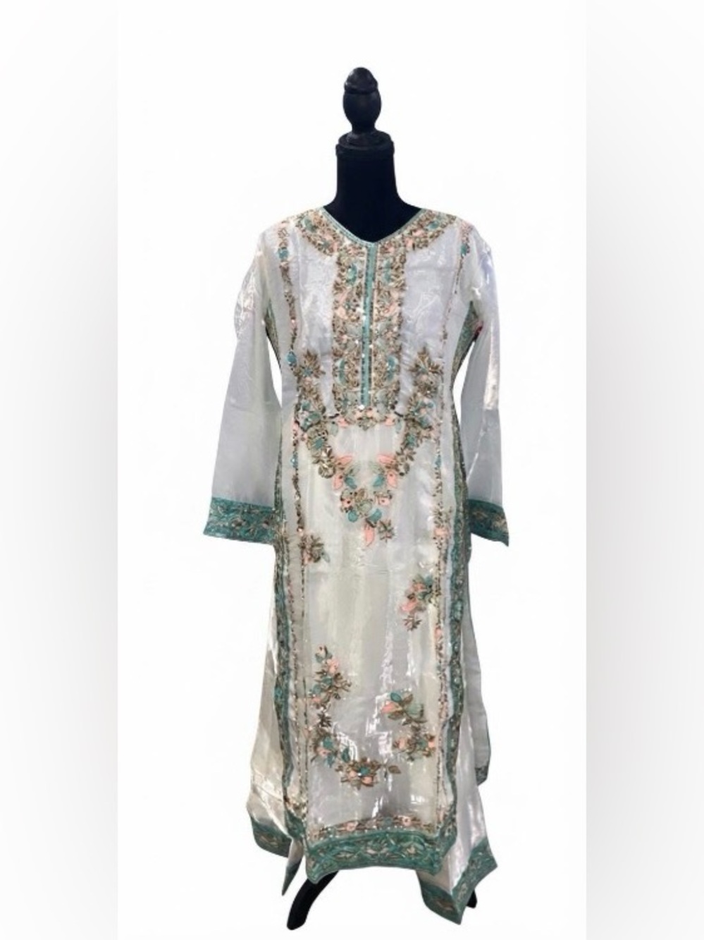 White Embroidered Silk Mix Suit Set - Picture 2 of 7